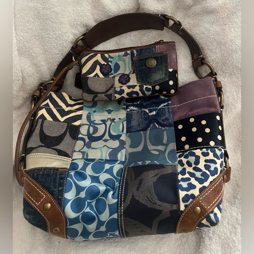RARE Coach Navy Patchwork Signature Carly Handbag with matching wristlet.